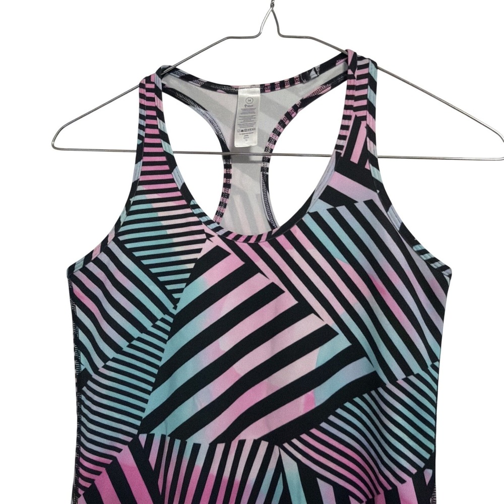 Ivivva Girls Size 14 Racerback Tank Top Pink Blue Black Geometric Striped Active - Picture 4 of 9